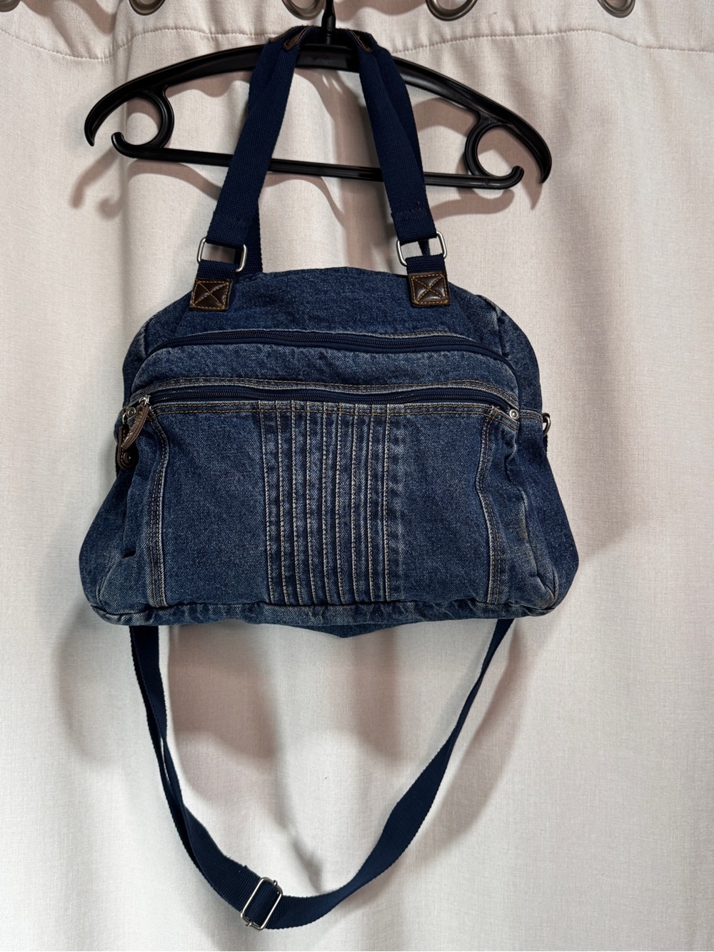 Blue Denim Duffle Bag Zip Closure Adjustable Strap Leather Accented Top Handle